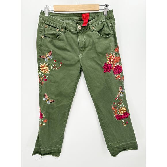 Cristina Pants Women 10 Green Floral Embroidered Cotton Spandex Blend Jeans - Picture 1 of 7